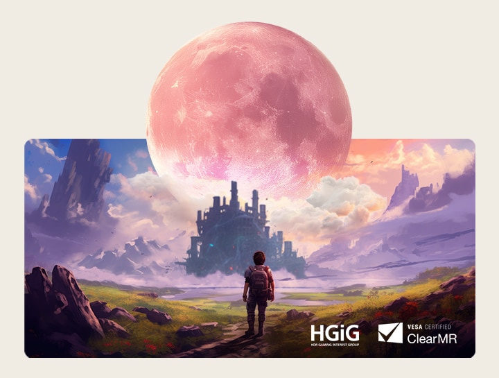 El LG OLED evo AI C6 con Clear Motion muestra la escena de un juego con un personaje caminando hacia un castillo bajo una luna grande, con el texto HGiG en pantalla que destaca el movimiento suave y claro.