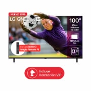 The front view of LG QNED evo AI QNED85 Mini LED, released in 2026, fills the screen with vivid, fluid bursts of multicolored, paint-like motion, as dense clouds of color blend seamlessly across the display.