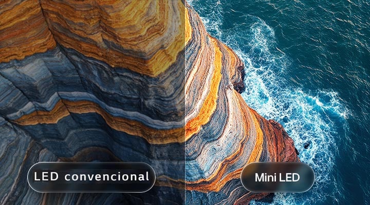 LG QNED evo AI QNED80 Mini LED highlights how its Mini LED reveals sharper rock textures and clearer ocean detail than conventional LED in a split coastal cliff scene, delivering deeper blacks and more refined contrast for greater clarity and depth.