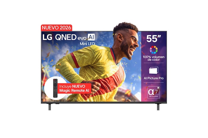 The front view of LG QNED evo AI QNED85 Mini LED, released in 2026, fills the screen with vivid, fluid bursts of multicolored, paint-like motion, as dense clouds of color blend seamlessly across the display.