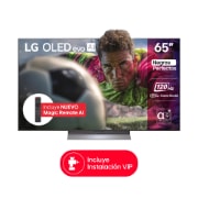 Vista de frente de la Smart TV LG OLED evo AI C5 4K. El emblema “OLED, número 1 del mundo durante 12 años” y el logotipo de LG OLED evo AI 2025 aparecen en la pantalla.