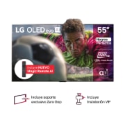 Vista de frente de la Smart TV LG OLED evo AI G5 4K. El emblema de OLED de ser el n.º 1 del mundo durante 12 años y el logo LG OLED evo AI 2025 aparecen en la pantalla.