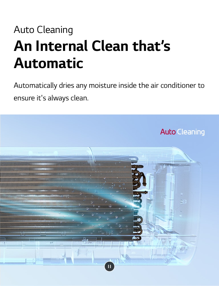 Vista frontal del aire LG. Luz azul activa AutoCleaning, mostrando interior limpio. Logo en esquina superior derecha