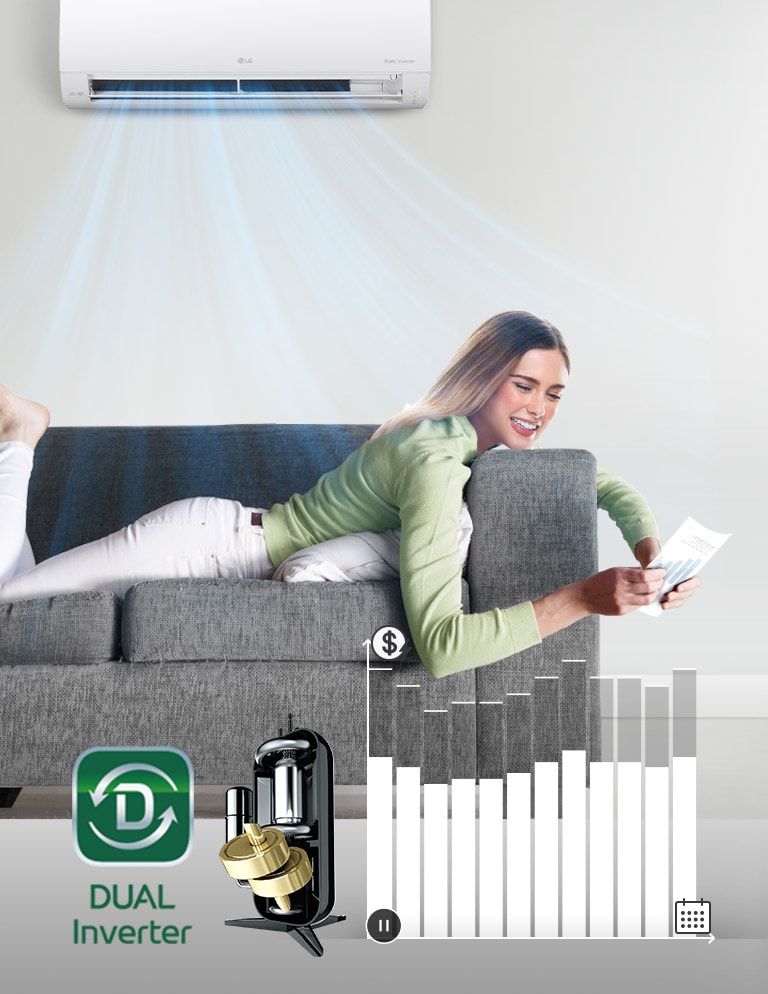 Mujer sonríe en sofá bajo aire acondicionado LG. Gráfico muestra ahorro energético  y logo de Dual Inverter 
