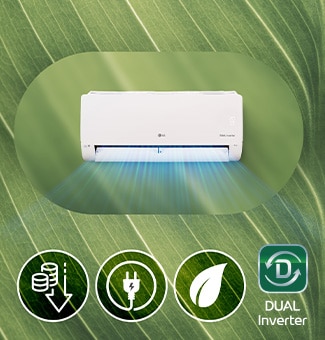 Unidad de Aire Acondicionado con íconos de eficiencia (monedas, enchufes, hojas) sobre fondo abstracto con textura de hoja