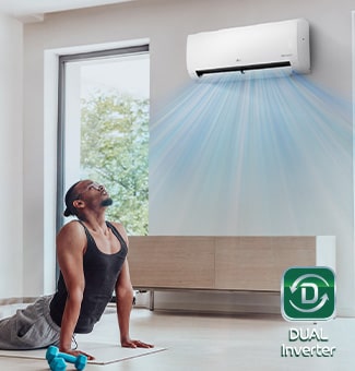 Hombre realizando actividad física bajo una unidad de aire acondicionado que enfría rápidamente el ambiente