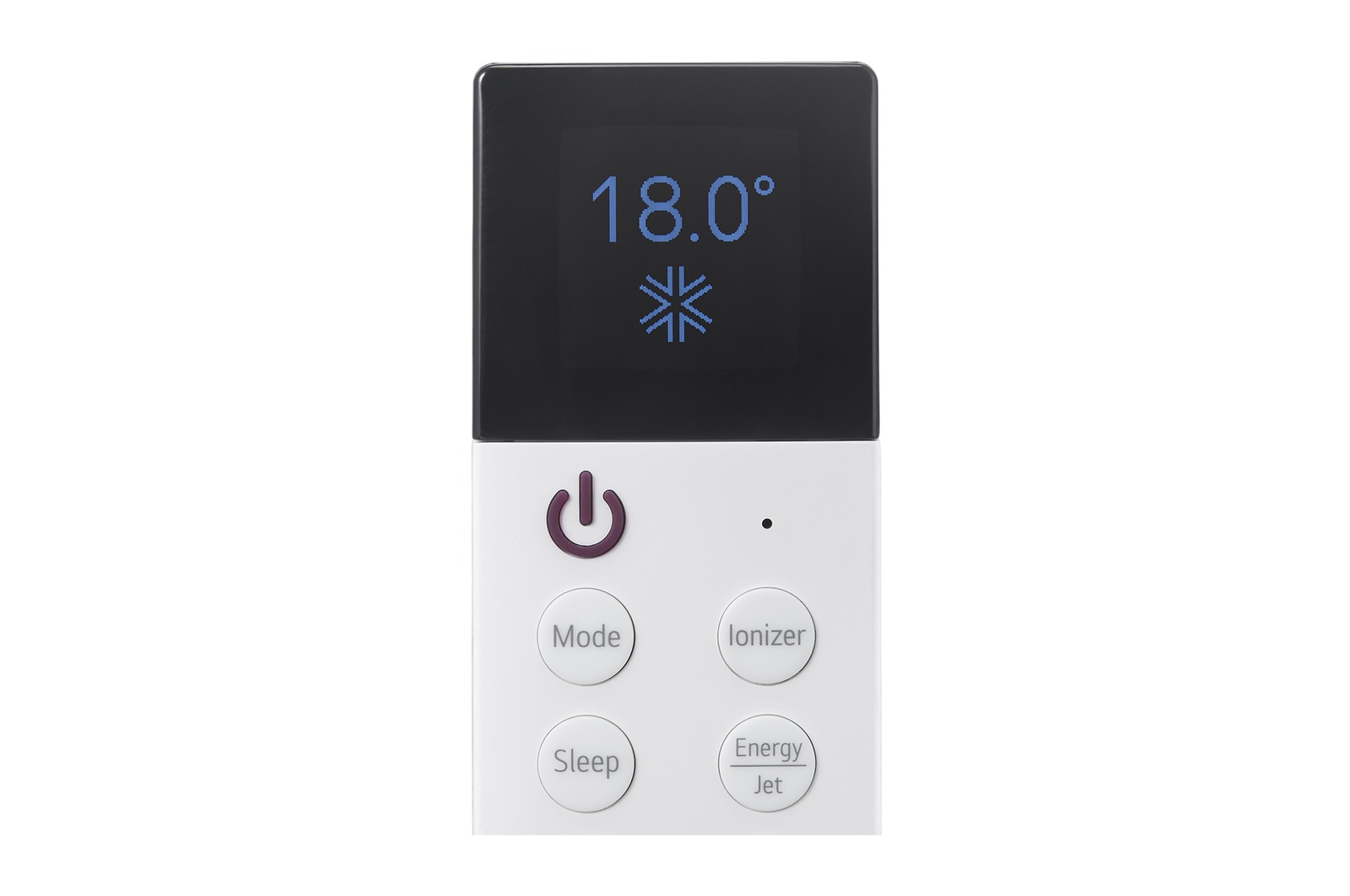 Control remoto del aire acondicionado LG haciendo zoom en la pantalla donde se muestran 18° de temperatura