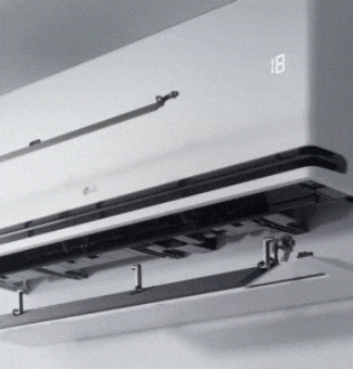 Animación de un aire acondicionado LG mostrando la funcionalidad Dual Vane para un control preciso del flujo de aire.