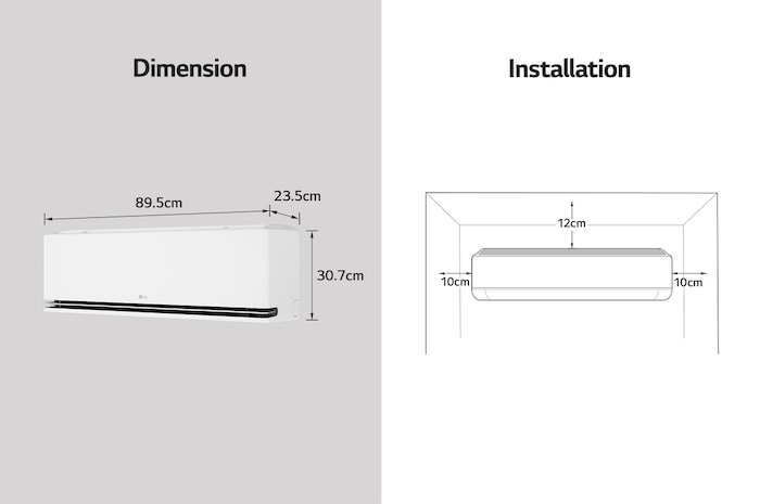 Imagen que muestra las dimensiones del aire acondicionado LG y las pautas de instalación.<br> Dimensiones: 89.5 cm de ancho, 23.5 cm de profundidad y 30.7 cm de alto.<br> Instalación: Requiere un espacio libre de 10 cm a ambos lados y 12 cm en la parte superior.
