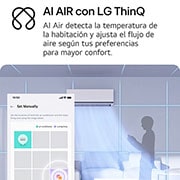 Ilustración de la tecnología LG AI Air en una sala de estar con un aire acondicionado montado en la pared. El sistema ajusta el flujo de aire al detectar la temperatura de la habitación.<br> El texto adjunto dice: "AI Air con LG ThinQ: AI Air detecta la temperatura de la habitación y ajusta el flujo de aire para mayor comodidad."