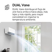 Aire acondicionado LG Dual Vane mostrado en una sala de estar. El aire frío fluye hacia arriba en el lado izquierdo.<br> El texto adjunto dice: "DUAL Vane distribuye el flujo de aire hacia arriba o hacia abajo, más lejos y más rápido, para una comodidad ideal en cualquier temporada."