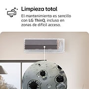Aire acondicionado LG con la función de Control Proactivo de Energía. Un teléfono inteligente muestra un gráfico de energía con una alerta roja, gestionando el enfriamiento y los límites de energía. Texto: "Control proactivo de energía. El control Imagen que muestra la función All Cleaning del aire acondicionado LG. La visual resalta el proceso de limpieza interna, con un acercamiento que muestra la eliminación de suciedad y gérmenes.<br> El texto dice: "All Cleaning. El mantenimiento es sencillo con LG ThinQ, incluso en áreas de difícil acceso."inteligente ayuda a gestionar el enfriamiento y establecer límites de energía."
