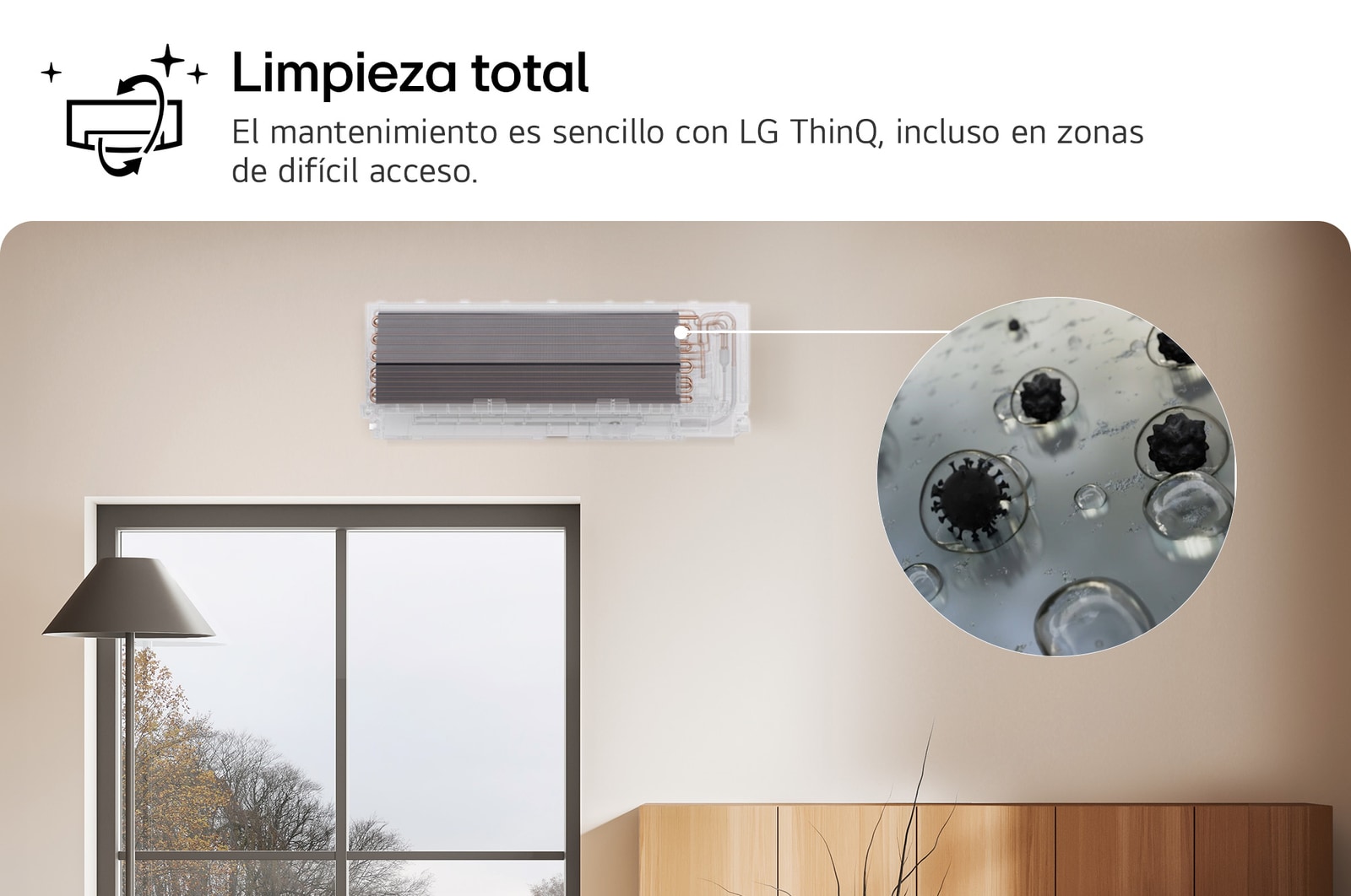Aire acondicionado LG con la función de Control Proactivo de Energía. Un teléfono inteligente muestra un gráfico de energía con una alerta roja, gestionando el enfriamiento y los límites de energía. Texto: "Control proactivo de energía. El control Imagen que muestra la función All Cleaning del aire acondicionado LG. La visual resalta el proceso de limpieza interna, con un acercamiento que muestra la eliminación de suciedad y gérmenes.<br> El texto dice: "All Cleaning. El mantenimiento es sencillo con LG ThinQ, incluso en áreas de difícil acceso."inteligente ayuda a gestionar el enfriamiento y establecer límites de energía."