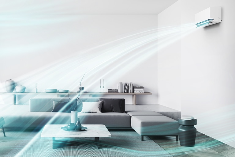 Sala de estar elegante con aire acondicionado LG utilizando tecnología Dual VANE para entregar un flujo de aire más rápido