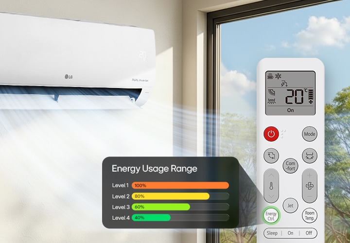 Imagen de aire acondicionado LG Dual Inverter de pared que proyecta aire frío con gráfico de eficiencia energética visible