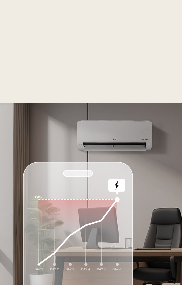 Imagen que muestra AI kW Manager en app móvil que permite gestionar filtros y monitorear el consumo energético del aire LG