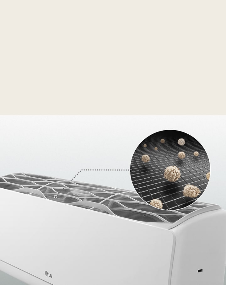 Ilustración del filtro del aire acondicionado LG que muestra en detalle ampliado partículas e impurezas retenidas para aire más limpio
