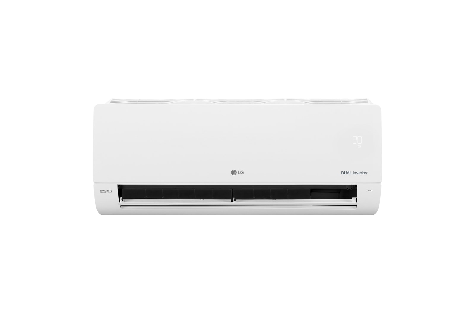 Vista frontal del aire acondicionado LG DUALCOOL Inverter con la aleta inferior abierta