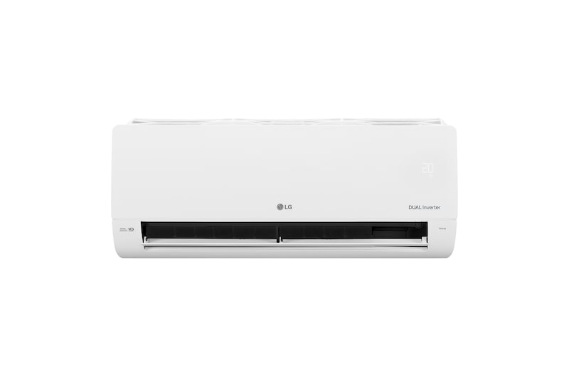 Vista frontal del aire acondicionado LG DUALCOOL Inverter con la aleta inferior abierta