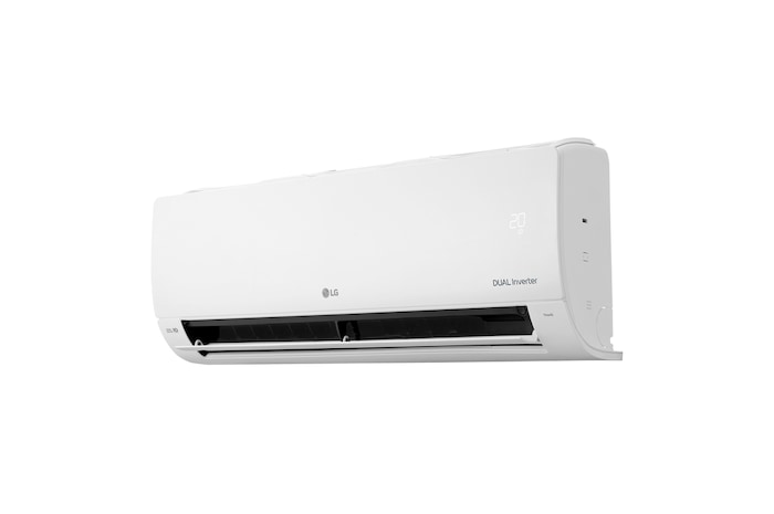 Vista en perspectiva derecha del aire acondicionado LG DUAL Inverter con la aleta inferior abierta y pantalla digital de temperatura.