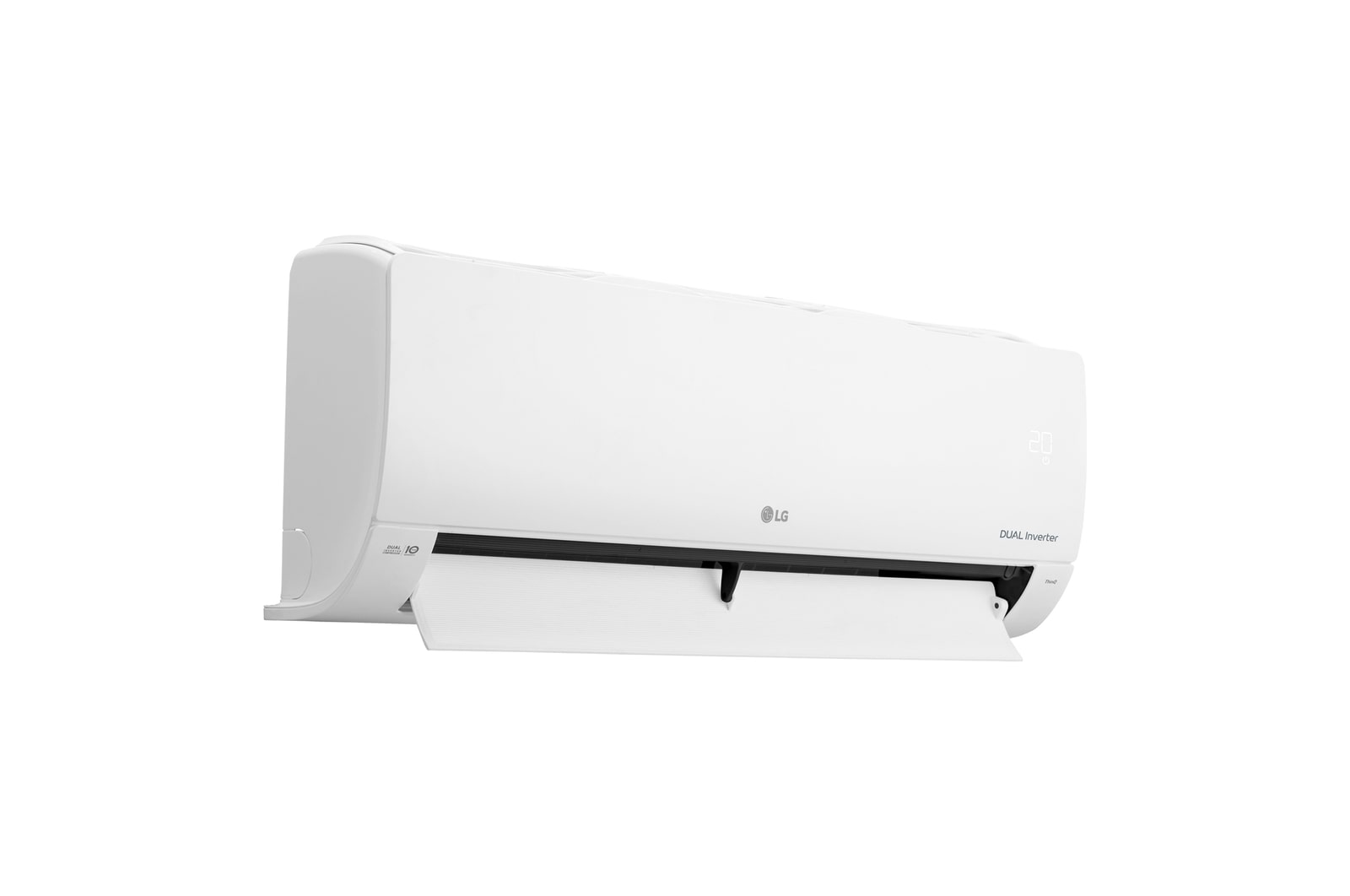 Vista en perspectiva izquierda del aire acondicionado LG DUAL Inverter con la aleta inferior completamente abierta