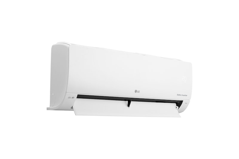 Vista en perspectiva izquierda del aire acondicionado LG DUAL Inverter con la aleta inferior completamente abierta