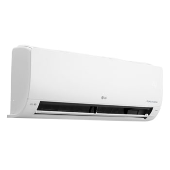 Vista en perspectiva izquierda del aire acondicionado LG DUAL Inverter con la aleta inferior abierta.