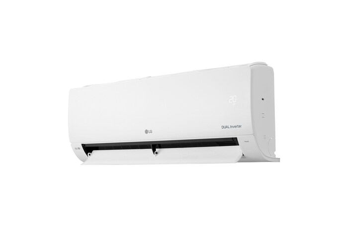 Vista en perspectiva derecha del aire acondicionado LG DUAL Inverter con la aleta inferior abierta y orientada hacia abajo
