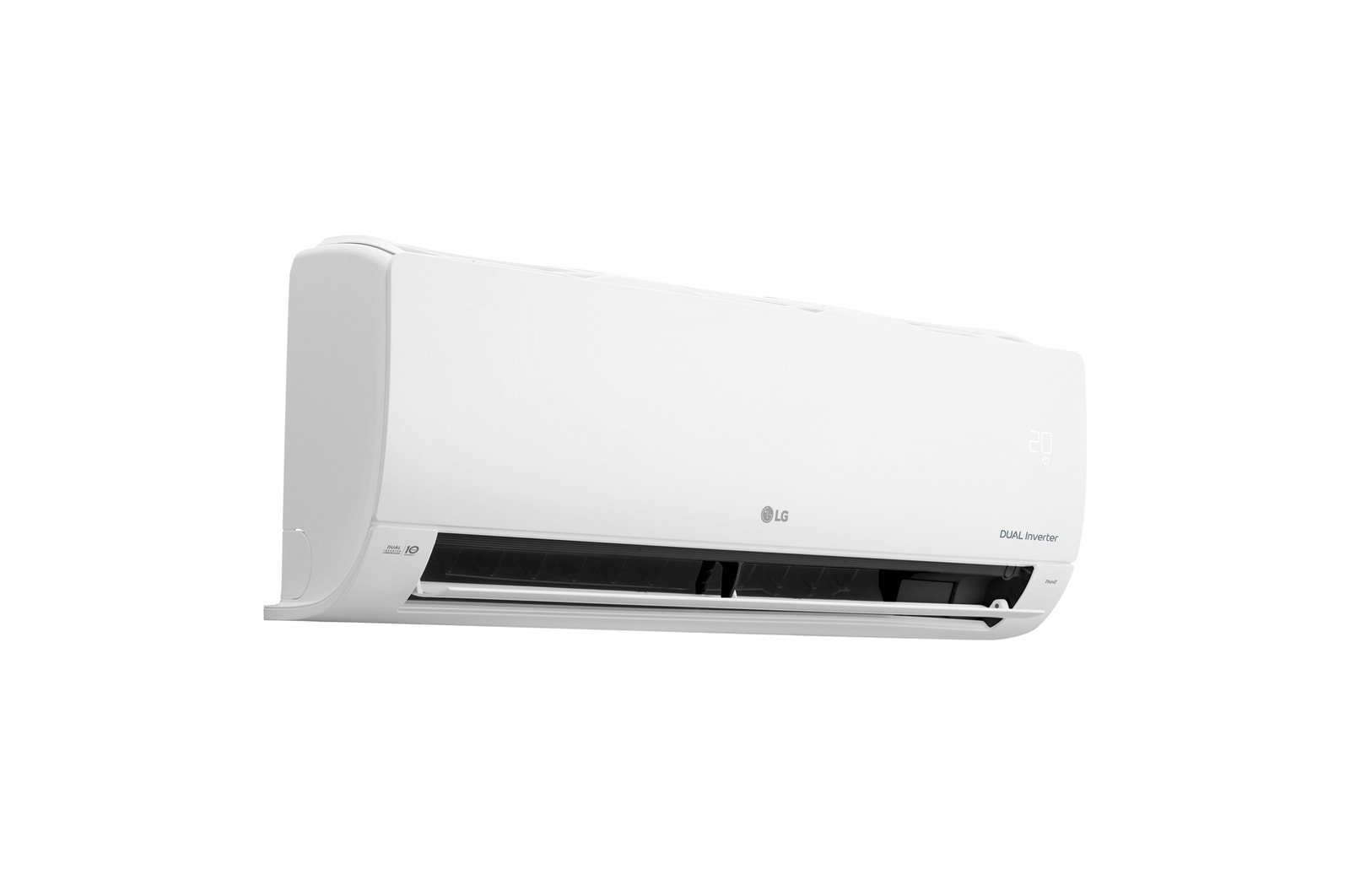 Vista en perspectiva izquierda del aire acondicionado LG DUAL Inverter con la aleta inferior abierta.