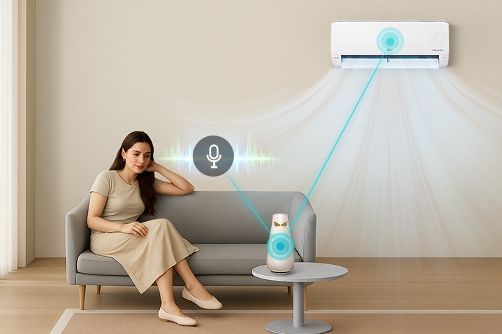 Imagen del funcionamiento de un aire acondicionado LG mediante el asistente de voz de un altavoz con IA.	