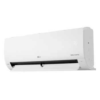 Vista en perspectiva derecha del aire acondicionado LG DUAL Inverter con la aleta inferior abierta y orientada hacia abajo