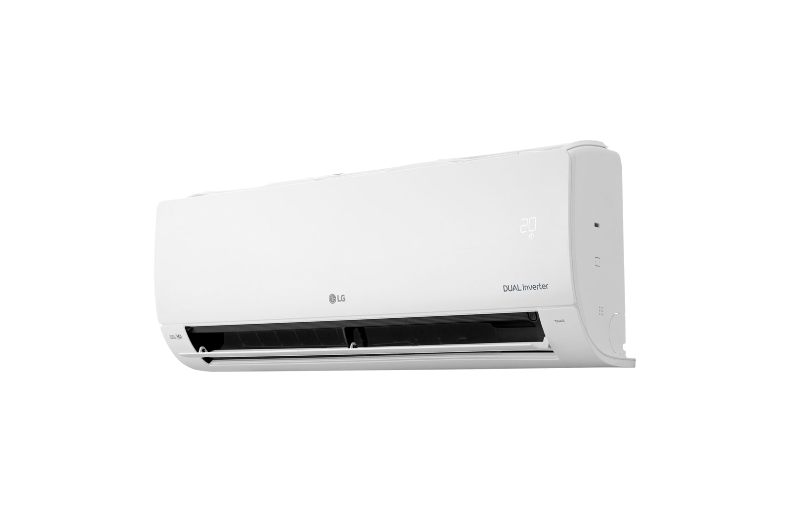Vista en perspectiva derecha del aire acondicionado LG DUAL Inverter con la aleta inferior abierta y pantalla digital de temperatura.