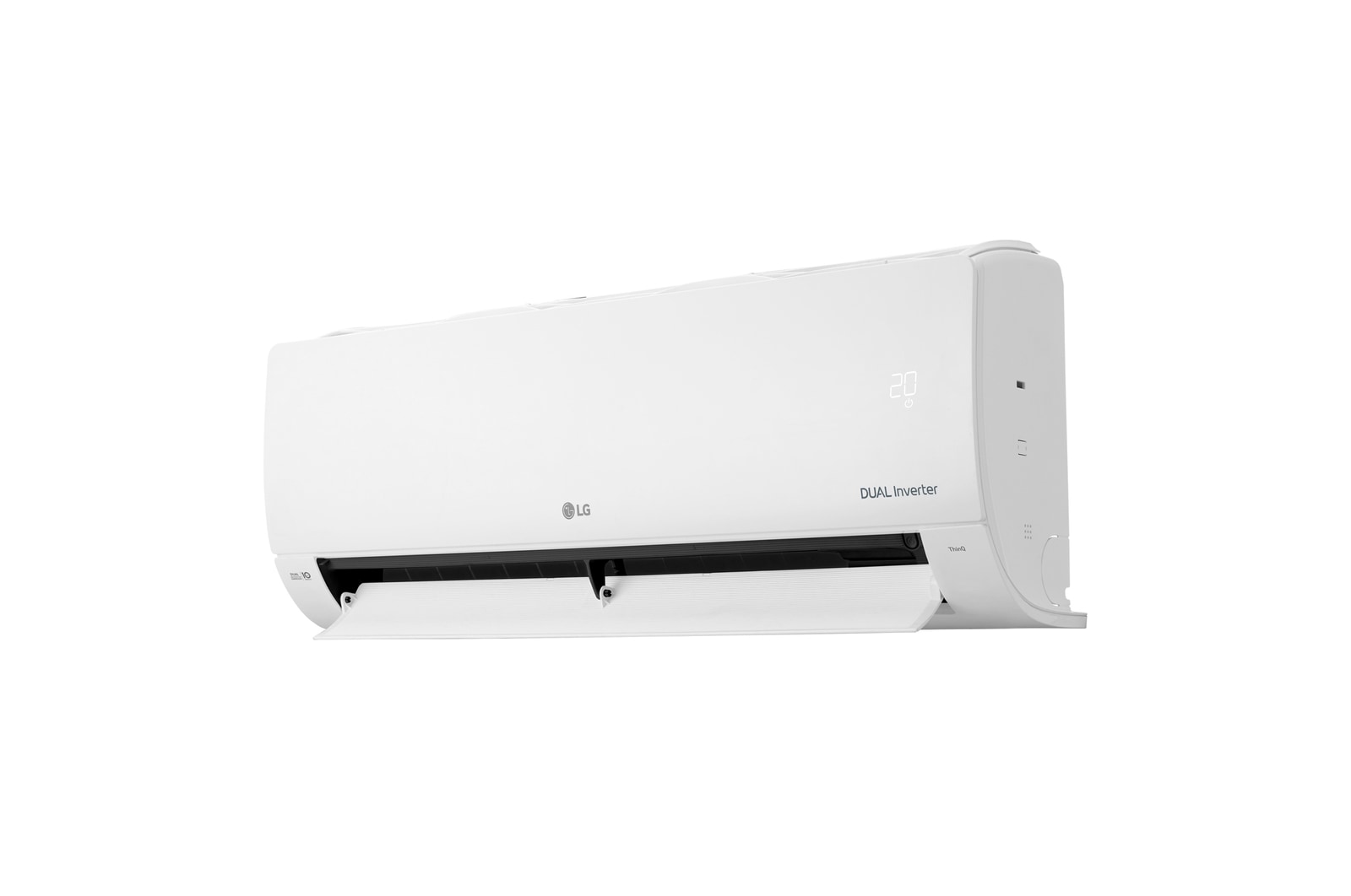 Vista en perspectiva derecha del aire acondicionado LG DUAL Inverter con la aleta inferior abierta y orientada hacia abajo
