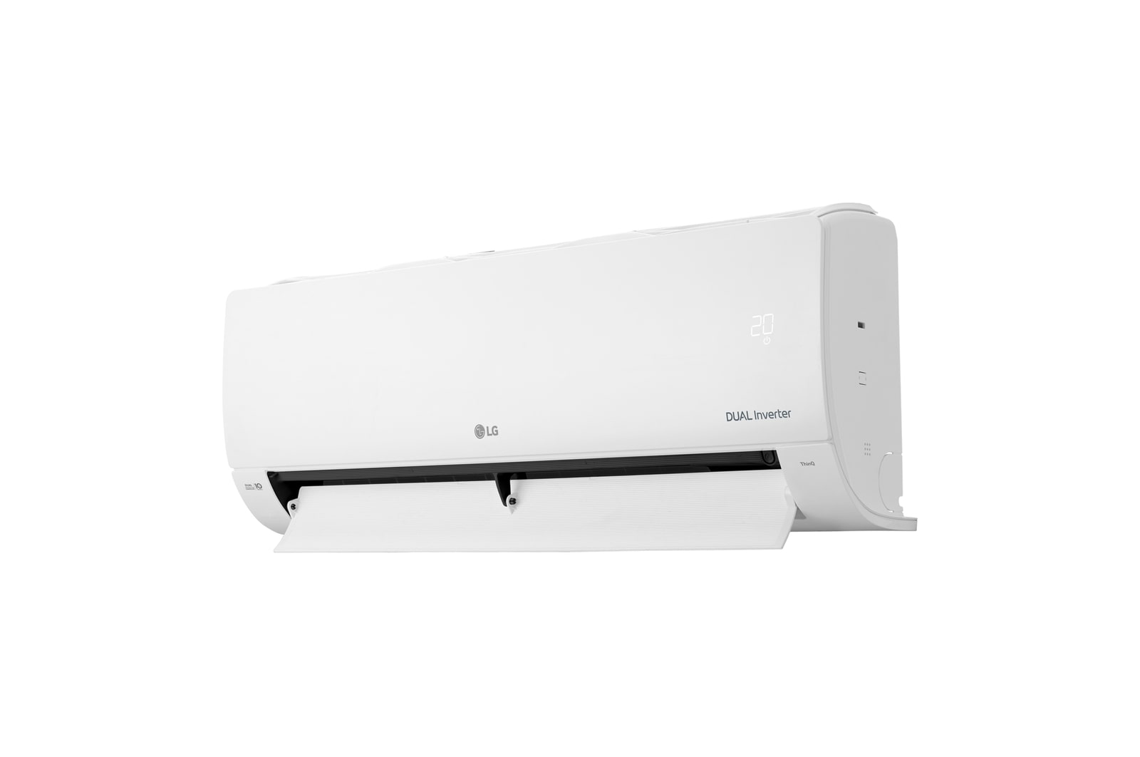 Vista en perspectiva derecha del aire acondicionado LG DUAL Inverter con la aleta inferior parcialmente abierta.