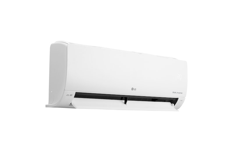 Vista en perspectiva izquierda del aire acondicionado LG DUAL Inverter con la aleta inferior orientada hacia abajo