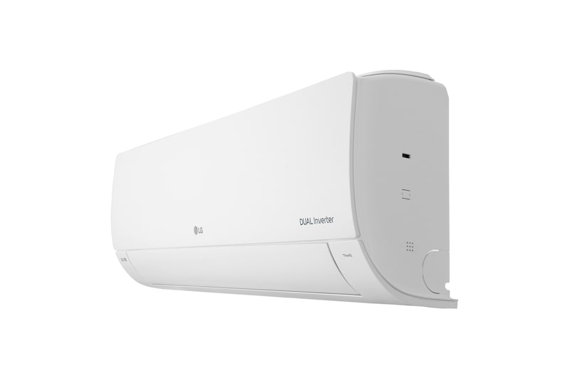 Vista lateral derecha del aire acondicionado LG DUAL Inverter que muestra el diseño exterior elegante y los detalles del panel lateral.