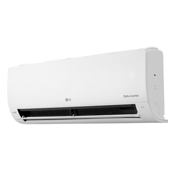 Vista en perspectiva derecha del aire acondicionado LG DUAL Inverter con la aleta inferior abierta y pantalla digital de temperatura.