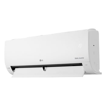 Vista en perspectiva derecha del aire acondicionado LG DUAL Inverter con la aleta inferior parcialmente abierta.