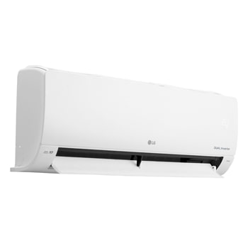 Vista en perspectiva izquierda del aire acondicionado LG DUAL Inverter con la aleta inferior orientada hacia abajo