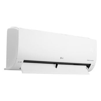 Vista en perspectiva izquierda del aire acondicionado LG DUAL Inverter con la aleta inferior completamente abierta