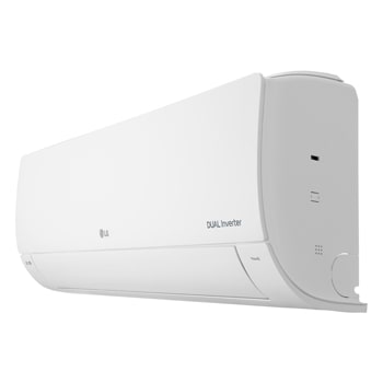Vista lateral derecha del aire acondicionado LG DUAL Inverter que muestra el diseño exterior elegante y los detalles del panel lateral.