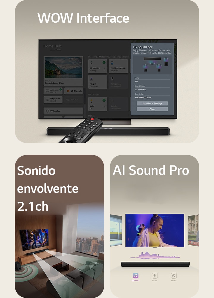 El control remoto de LG apunta a una LG TV con una LG Soundbar debajo. La LG TV muestra el menú WOW Interface en la pantalla.  La LG Soundbar, la LG TV y el subwoofer están en una sala mostrando la imagen de la pantalla con un espectáculo de música. Dos haces de ondas sonoras blancas formadas por gotas se proyectan desde la soundbar y un subwoofer crea un efecto sonoro desde la parte inferior.  LG Soundbar con tres diferentes pantallas de televisión arriba. Una muestra una película, otra un concierto y la otra un noticiero. Debajo de la soundbar, hay tres íconos para mostrar cada género.