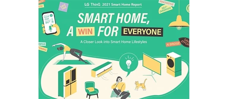 Ilustración de un electrodoméstico inteligente con el texto "Los hogares inteligentes, benefician a todos