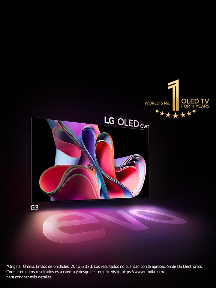 Una imagen del LG OLED G3 contra un fondo negro que muestra una brillante ilustración abstracta rosa y morada. La pantalla proyecta una sombra de colores en la que aparece la palabra evo. El emblema Televisor OLED nº 1 del mundo durante 10 años está a la izquierda de la imagen.	
