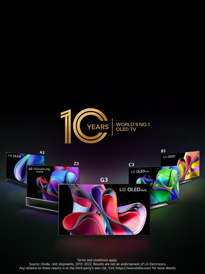 Una imagen de la gama LG OLED sobre un fondo negro, dispuesta en formación de triángulo en ángulo, con el LG OLED G3 en el centro orientado hacia delante. Cada televisor muestra en pantalla una obra de arte colorida y abstracta. El emblema Televisor OLED nº 1 del mundo durante 10 años también aparece en la imagen.