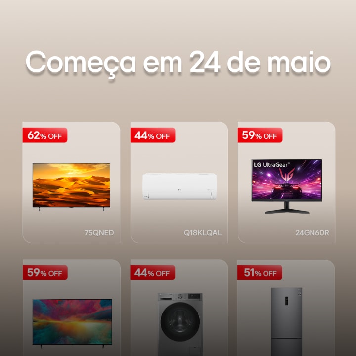 Série de produtos LG com descontos em breve com texto 'Continuará'.