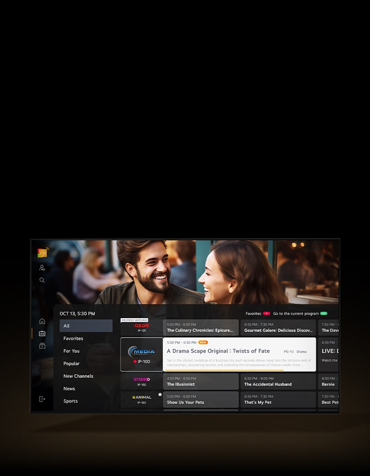 En LG TV har en överlagring av TV-schemat som visas över TV-programmet som för närvarande spelas. 