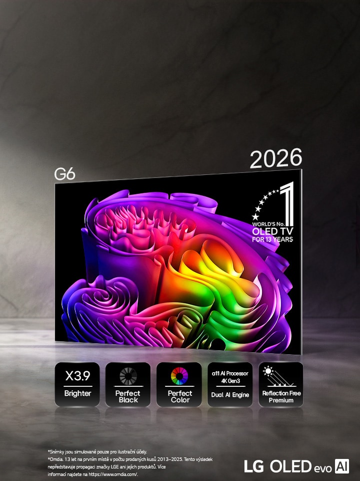 LG OLED evo AI G6, vybavený technologií Hyper Radiant Color Tech, zobrazuje na obrazovce živý abstraktní obraz v papírovém stylu s ikonami pro 3,9krát vyšší maximální jas, dokonalou černou i barvy (Perfect Black a Perfect Color), dokonalé barvy, procesor alpha 11 AI 4K Gen3 Dual AI Engine a technologii Reflection Free Premium.