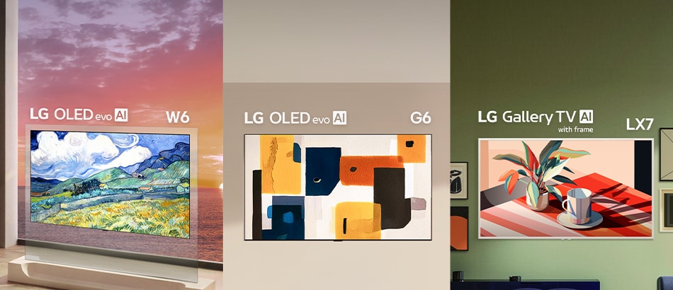 LG ART TV představuje řadu LG OLED evo AI W6 Wallpaper TV, LG OLED evo AI G6 a LG Gallery TV s rámem LX7 ART TV, přičemž každý z nich zobrazuje umělecká díla v různorodých interiérech a přináší estetiku galerie do domácích prostor.