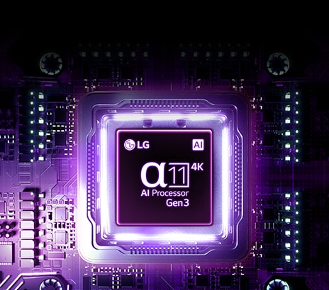 Televizor LG AI TV je vybaven procesorem alpha 11 AI Processor 4K Gen3 s Dual AI Engine, přičemž čip procesoru září fialovým světlem na tmavé desce plošných spojů a zdůrazňuje svůj pokročilý AI výkon a inteligentní zpracování obrazu.